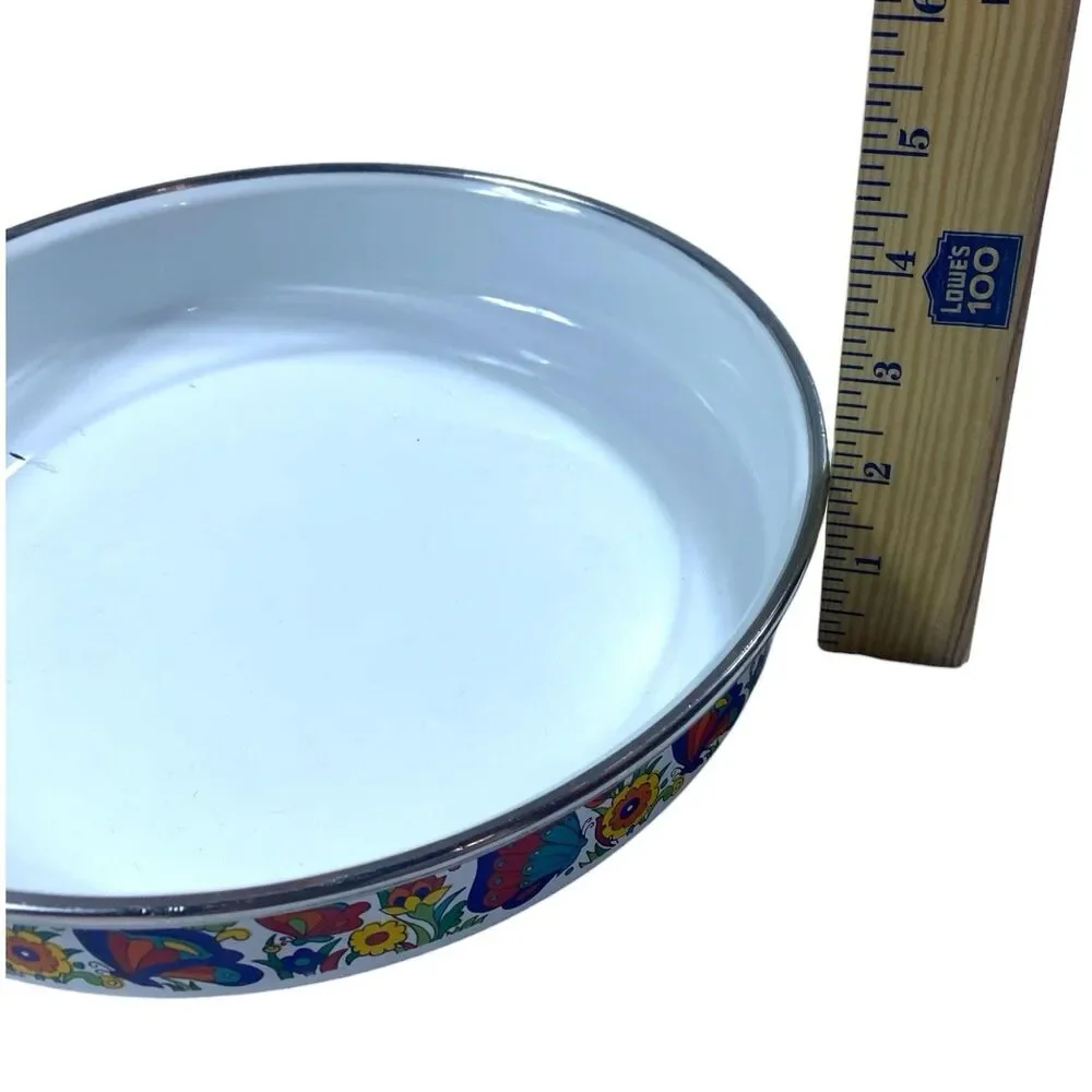 Vintage 70s Enamel Skillet Frying Pan Retro Floral Butterflies 10 inch